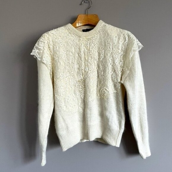 Vintage 80s Ivory Silk Angora Lace Pearl Bib Victorian Sweater - Small - Picture 8 of 9